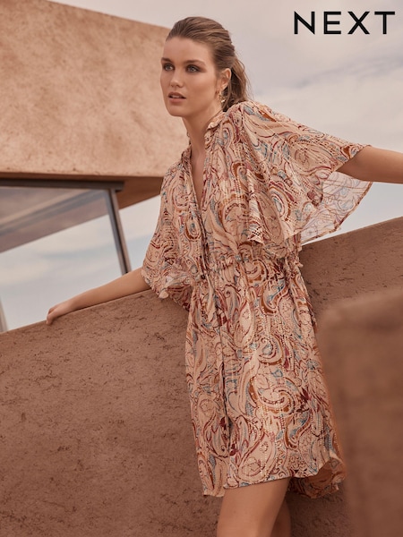Светло-бежевый с принтом пейсли - Flutter Sleeve Tie Waist Mini Dress (C15128) | €14