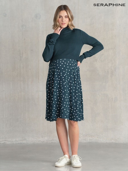 Seraphine Green Knit Topper Maternity Dress with Spot Skirt (C15431) | $173