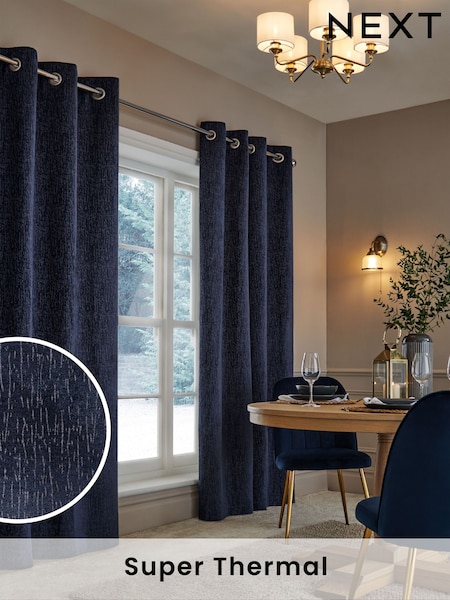 Blue Navy Heavyweight Chenille Eyelet Super Thermal Curtains (C15757) | €81 - €242