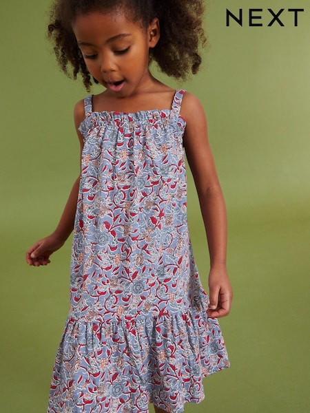 Denim modra/rdeča pretty woodblock tiskanje - Soft Jersey Strappy Shoulder Dress (3-16yrs) (C15764) | € 9 - € 13