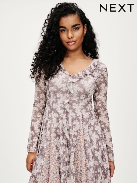 Пурпурный с цветочным принтом - Ruffle Detail Dress (C15790) | €10