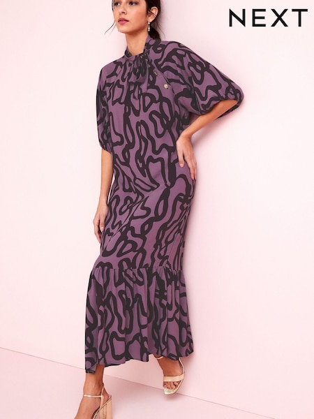 Purple Print Pussy Bow Midi Dress (C16111) | €35