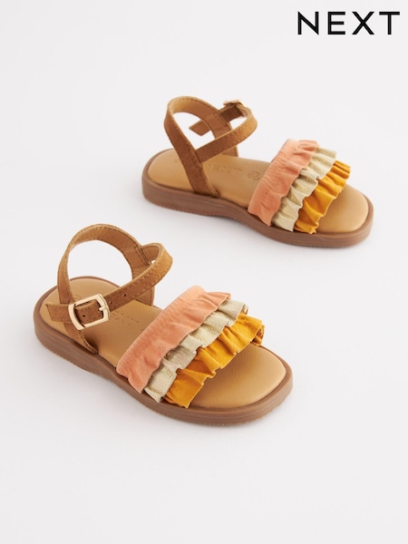 Orange/Tan Brown Leather Ruffle Sandals (C16546) | €18 - €25