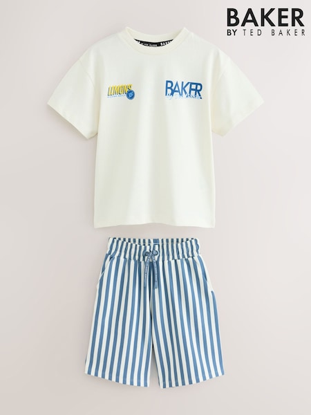 Stone/Blue - Baker By Ted Baker Oversized Graphic T-shirt And Striped Shorts Set