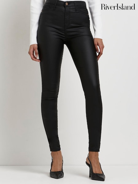 River Island Black High Rise Skinny Coated Jeans (C18628) | €13