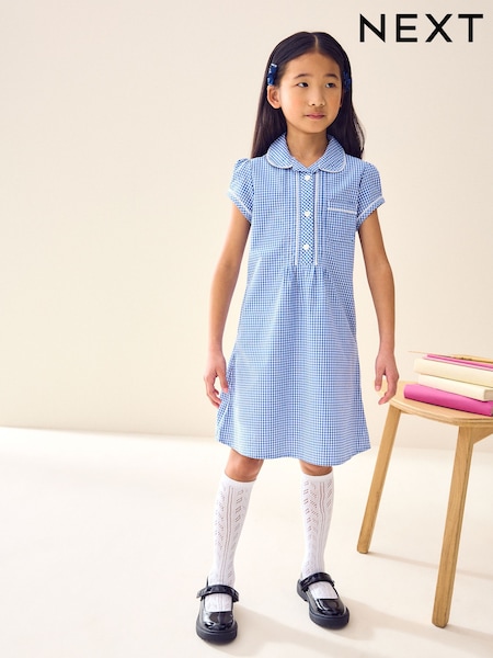 Mid Blue Cotton Rich Button Front Lace Gingham School Dress (3-14yrs) (C19763) | €13 - €17