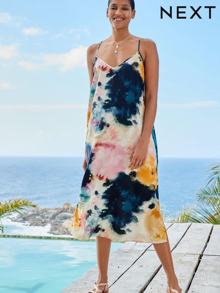 Blue Tie Dye Racer Back V-Neck Midi Slip Summer Dress (C19810) | €14