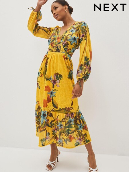 Желтый с цветами - Cut-Out V-Neck Long Sleeve Midi Dress (C20028) | €52