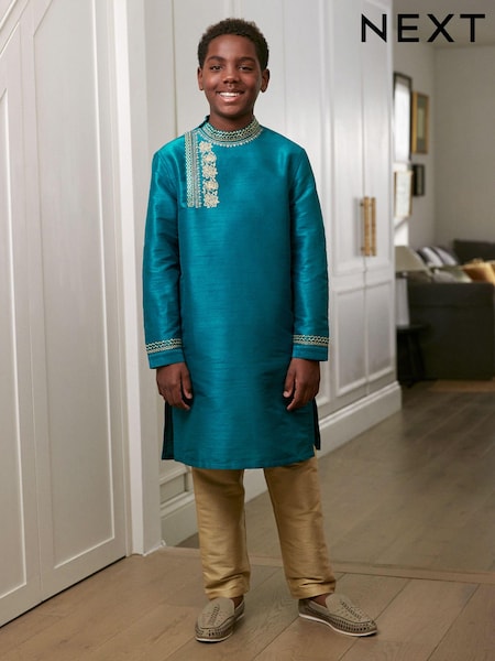 Teal Blue & Gold Regular Length Embroidered Boys Kurta (3-16yrs) (C20134) | €10 - €14