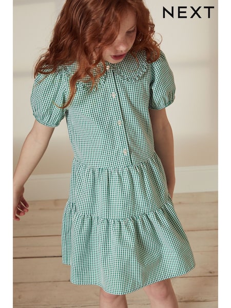 Green Cotton Rich School Gingham Tiered Pretty Collar Dress (3-14yrs) (C20205) | €14 - €21