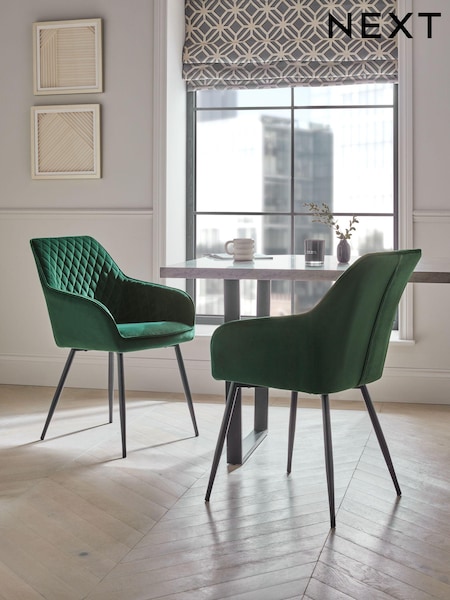 Set of 2 Soft Velvet Emerald Green Hamilton Black Leg Quilted Dining Chairs (C20304) | €380
