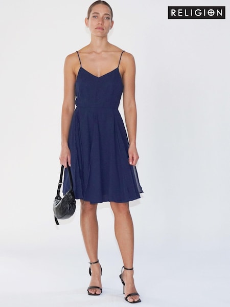 Religion Blue Jewell Midi Maxi Dress with Spaghetti Straps and Full Skirt (C20374) | €32