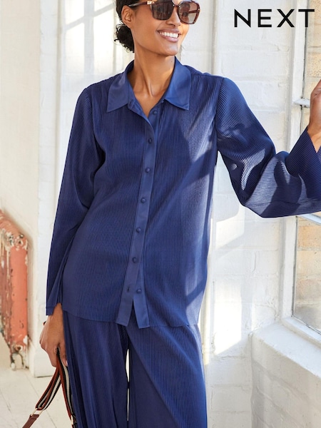 Mornarsko modra - Long Sleeve Button Through Plissé Shirt (C20549) | € 16