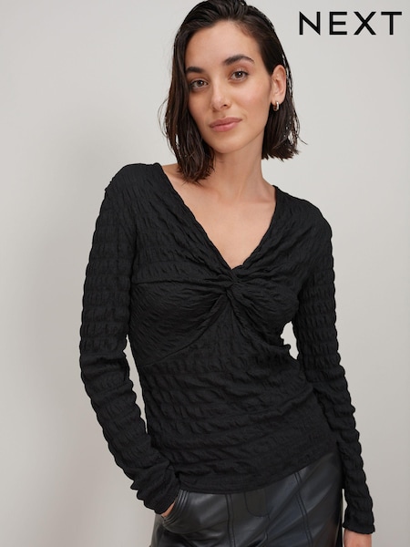 Charcoal Grey Long Sleeve Twist Front Textured Top (C20935) | € 3