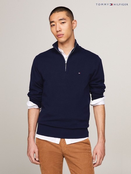 Tommy Hilfiger Blue Quarter Zip Cotton Blend Jumper With Cashmere (C21637) | AED378