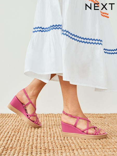 Pink Forever Comfort Leather Asymmetric Strappy Wedges (C22494) | €11