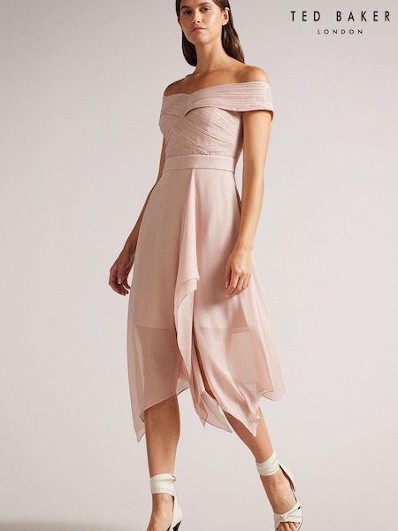 Ted Baker Pink Edenio Bardot Midi Dress With Ruffle Skirt (C22583) | €159