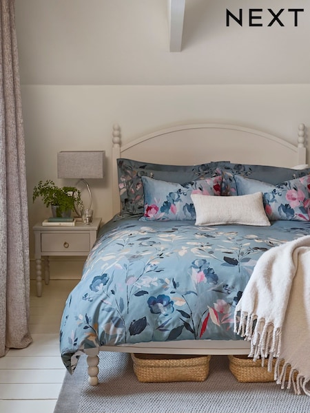Blue/White Floral Oxford Edge Reversible 100% Cotton Duvet Cover and Pillowcase Set (C22768) | €34 - €67