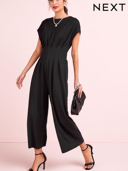 Schwarz - Kurzärmeliger glitzernder Overall mit weitem Bein (C22882) | 41 €