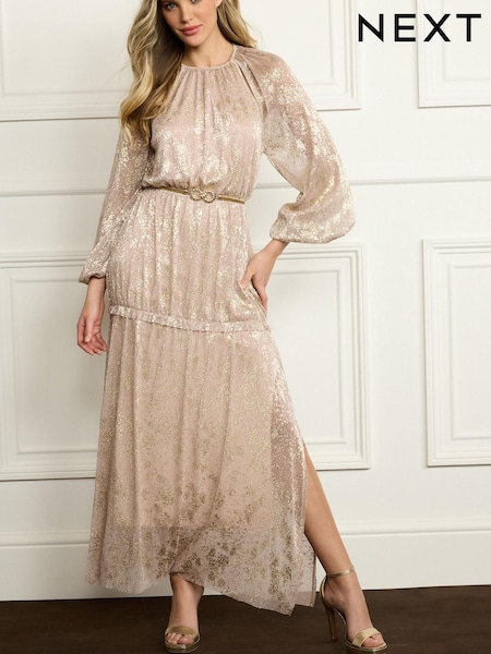 Розовый - Foil Print Long Sleeve Midi Dress (C23404) | €32