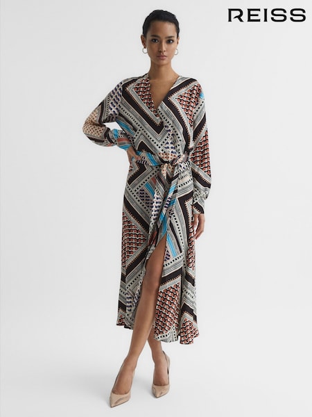 Reiss Pink/Blue Alegra Scarf Print Midi Dress (C23417) | €378