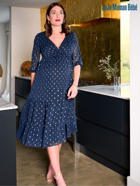 JoJo Maman Bébé Navy Foil Print Wrap Maternity Midi Dress (C23594) | 292 QAR