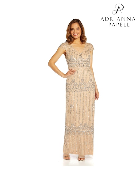 Adrianna Papell Silver Beaded Popover Column Gown (C23735) | €112