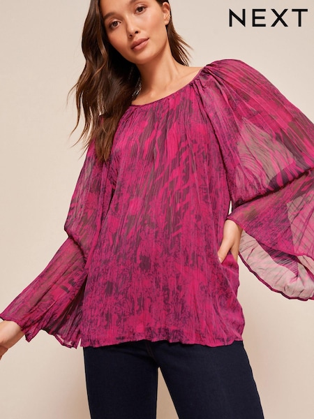 Pink Abstract Print Long Sleeve Pleated Top (C23823) | €21