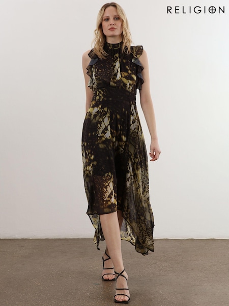Religion Yellow High Low Eclipse Maxi Dress with Ruffle Sleeve (C23842) | €66