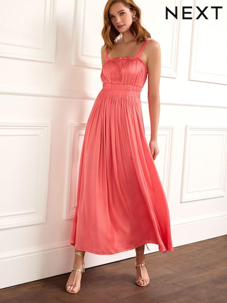 Розовый - Glossy Satin Strappy Ruched Midi Dress (C24188) | €13