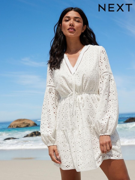 White Long Sleeve Broderie Summer Dress (C24357) | €26