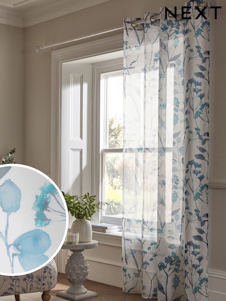 Blue Isla Floral Printed Eyelet Unlined Sheer Panel Voile Curtain (C24379) | $26 - $37