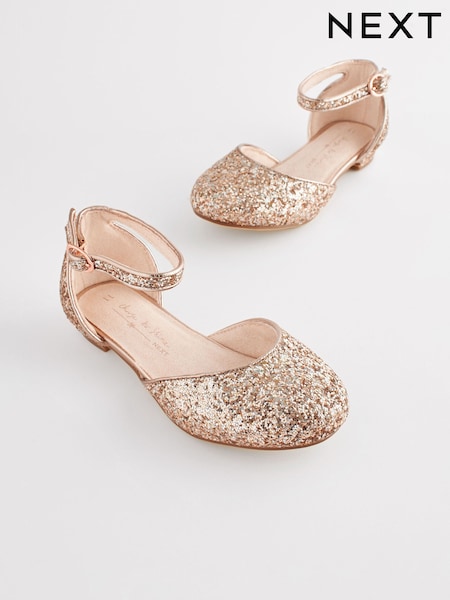 Rose Gold Glitter Occasion Ankle Strap Low Heel Shoes (C24655) | € 24 - € 31