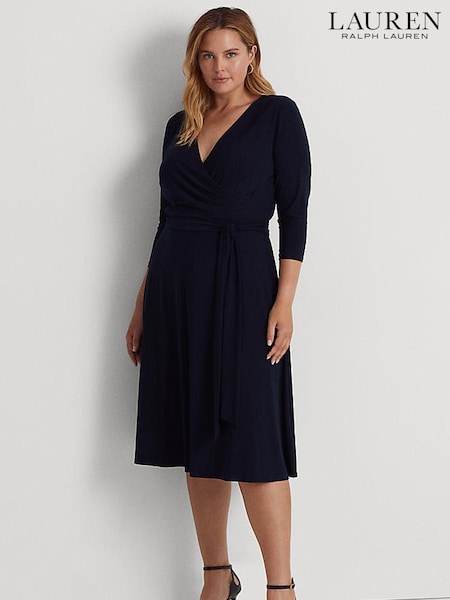 Lauren Ralph Lauren Curve Navy Blue Stretch Wrap Carlyna Midi Dress (C24681) | 114 €