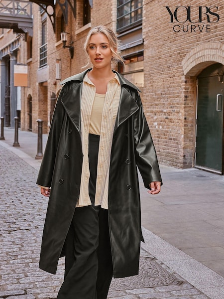 Yours Curve Black PU Trench Coat (C24758) | €34