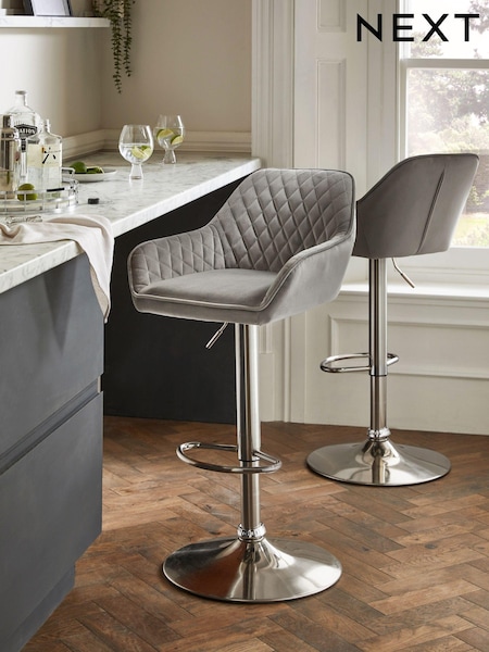 Soft Velvet Mid Grey Hamilton Quilted Kitchen Bar Stool (C25087) | €190