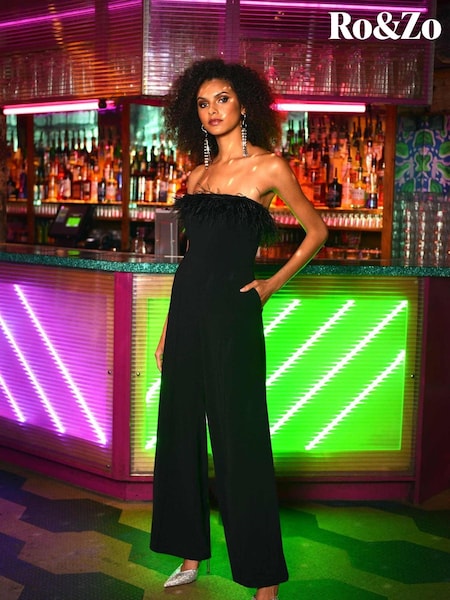 Ro&Zo Green Feather Trim Jumpsuit (C25212) | €61