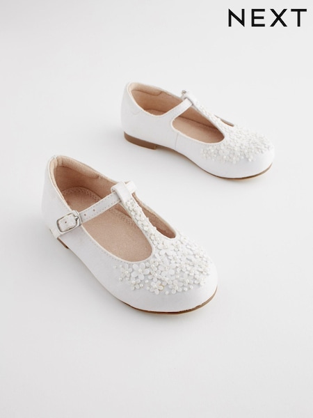 White Embellished Stain Resistant Satin Bridesmaid Collection T-Bar Occasion Shoes (C25329) | €12 - €13
