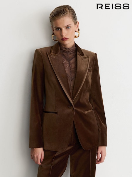 Kávově hnědá - Reiss Wren Velvet Satin-trim Single-breasted Suit Blazer
