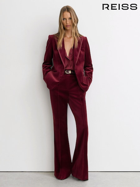 Dark Red - Reiss Wren Velvet Flared Tuxedo Trousers