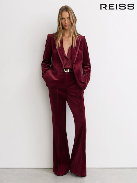 Dark Red - Reiss Wren Velvet Flared Tuxedo Trousers