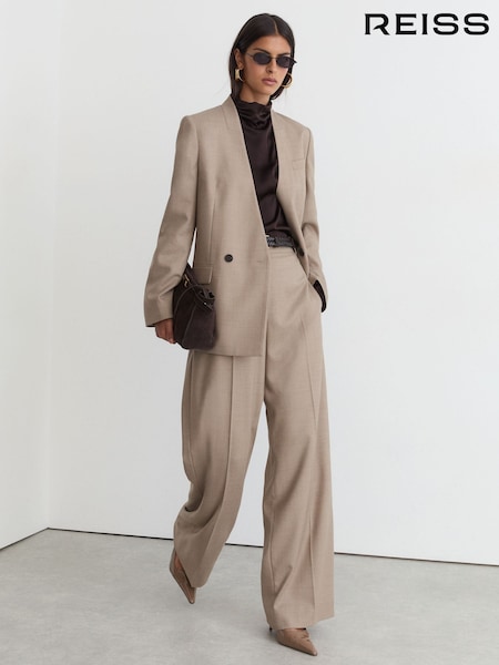 Neutral - Reiss Juniper Collarless Double-breasted Suit Blazer Wool-blend