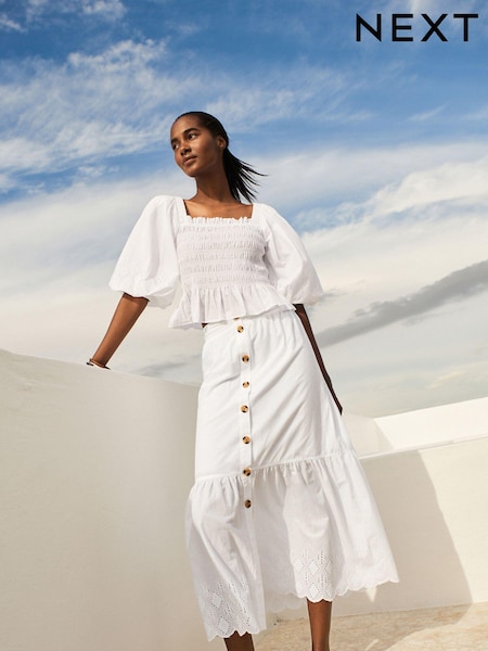 Weiß - Button Through 100% Cotton Midi Skirt (C26349) | 12 €