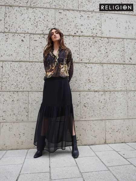 Religion Black Tiered Maxi Skirt In Sheer Georgette and Short Lining (C27263) | €38