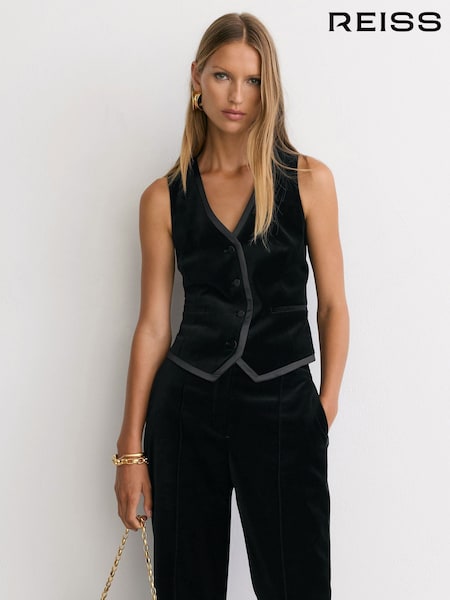 Schwarz - Reiss Wren Velvet Satin-trim Tailored Waistcoat