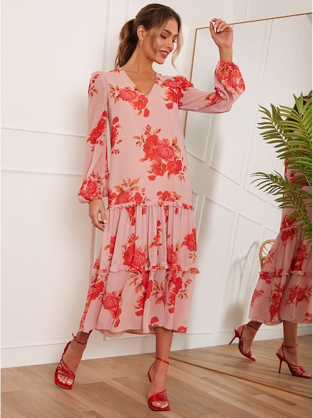 Chi Chi London Pink Long Sleeve Floral Printed Midi Summer Dress (C28622) | €39