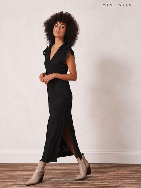 Mint Velvet Black Lace Ruffle Midi Dress (C28908) | €79