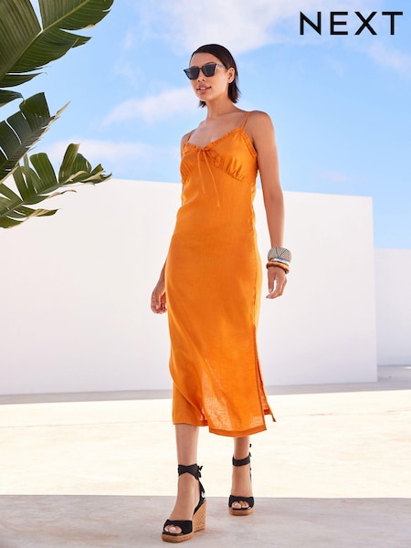 Orange Rochelle 100% Linen Ruffle Midi Summer Dress (C29102) | €11