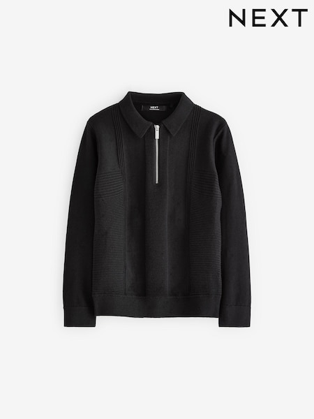 Black Textured Knit Zip Neck Long Sleeve Polo Shirt (3-16yrs) (C30881) | €12 - €16