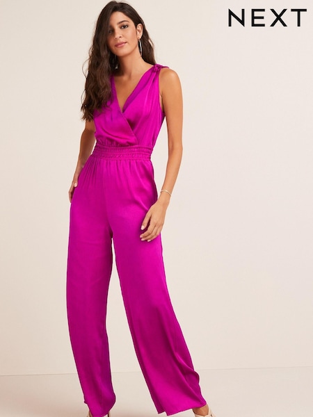 Ярко-розовый - Satin V-Neckline Tie Back Wide Leg Jumpsuit (C31188) | €26